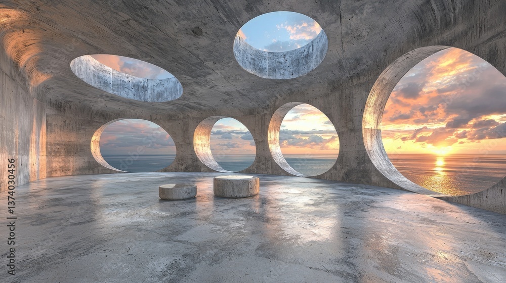 Poster a 3d rendering of an interior room with a sea view serves as the architectural background