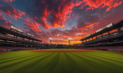 Stunning sunset over baseball field with vibrant clouds and illuminated stadium lights
