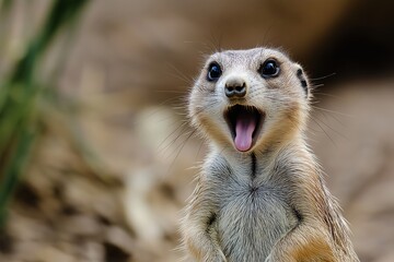 Fototapeta premium A vibrant meerkat appears joyful with its mouth wide open, showcasing its playful nature in the wild.