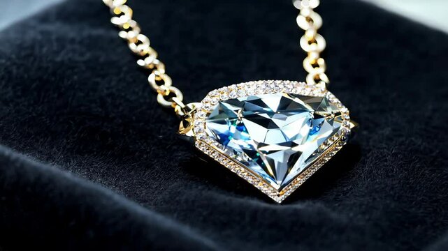 A beautiful necklace with a diamond pendant is displayed on a black cloth. The pendant is shaped like a diamond and is made of gold