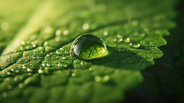 Close-up of a dewdrop on a green leaf surface