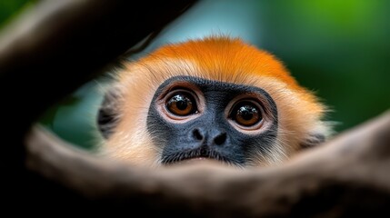 Obraz premium This stunning close-up captures a monkey gazing curiously through branches, showcasing its expressive eyes that reflect innocence and the beauty of wildlife in its natural habitat.