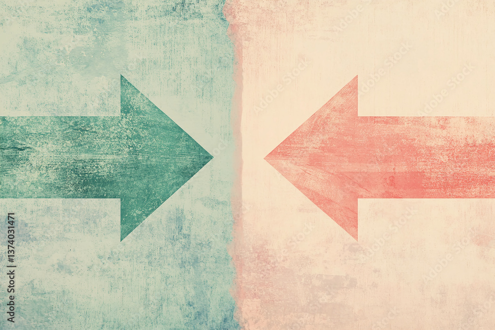 Poster abstract textured background with teal and coral arrows pointing in opposite directions, symbolizing