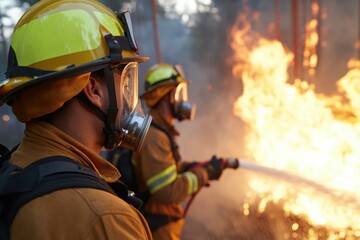 Obraz premium An image depicting brave firefighters confronting a blazing wildfire, equipped with protective gear and focused on extinguishing the flames, showcasing their dedication and teamwork.
