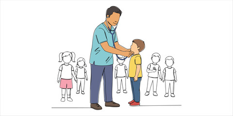 pediatrician using stethoscope on kids continuous single line art drawing sketch on white background