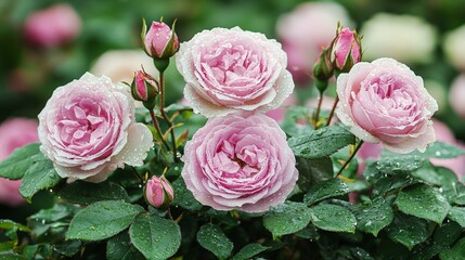 Beautiful close-up of blooming old roses with droplets after summer rain in a lush garden