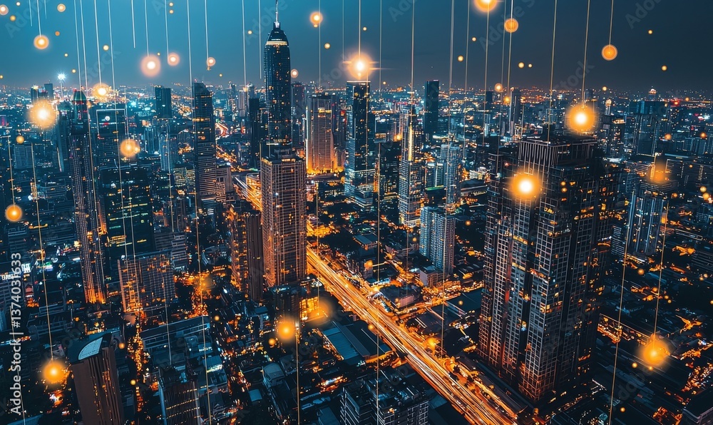 Poster gradient lines linking abstract dot points and smart cities embody the concept of big data connectio