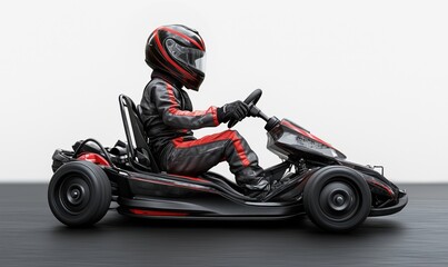 High-performance go-kart racing with driver in sleek black and red suit