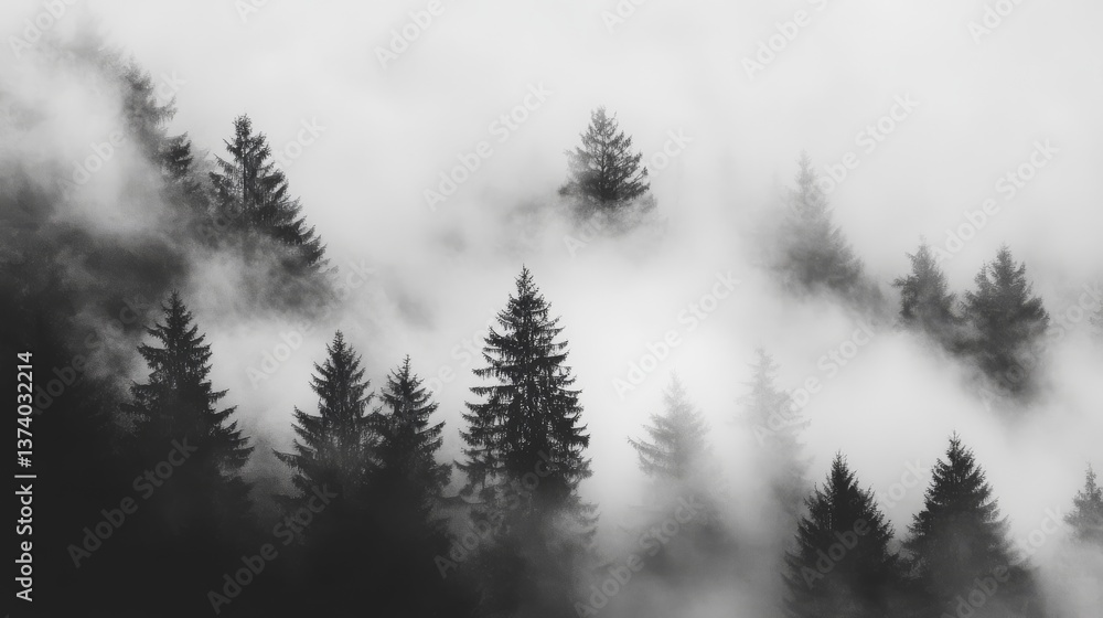 Poster a serene view of evergreen trees enveloped in thick fog, creating a mysterious and calming atmospher