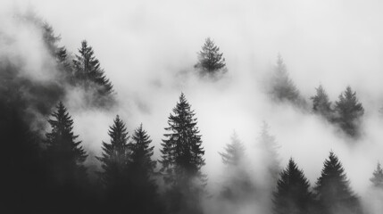 Obraz premium A serene view of evergreen trees enveloped in thick fog, creating a mysterious and calming atmosphere. The mist gently flows through the forest, adding depth and an ethereal quality to the scene.. AI