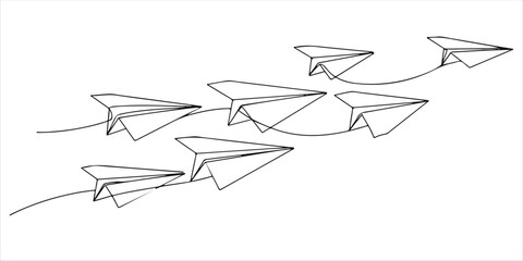 paper planes flying in formation in one direction continuous single line art drawing sketch on white background