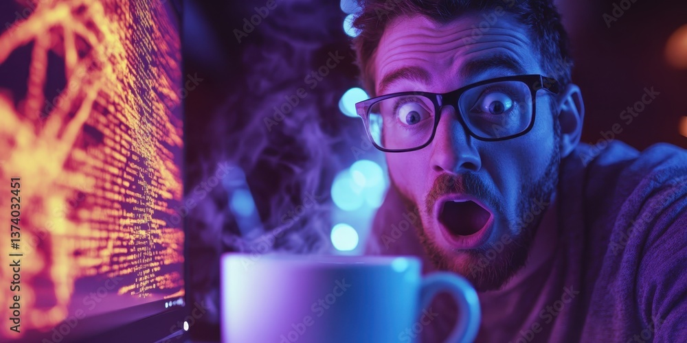 Aufkleber tech-savvy shock: a tech expert stares in surprised at data streams, accompanied by the inviting ste