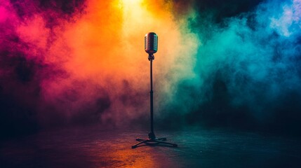 A vintage-style microphone on a stage bathed in vivid, swirling fog. The colorful lights and dramatic setup evoke a retro performance vibe, perfect for music or event promotions.. AI Generation
