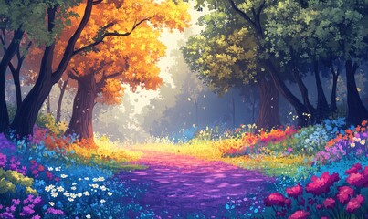 Colorful forest pathway surrounded by vibrant flowers and autumn trees