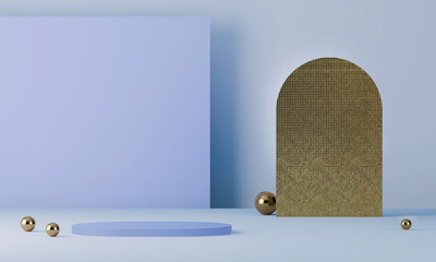 Modern abstract arrangement features geometric shapes and metallic spheres in a soft blue setting during daylight. 3d render