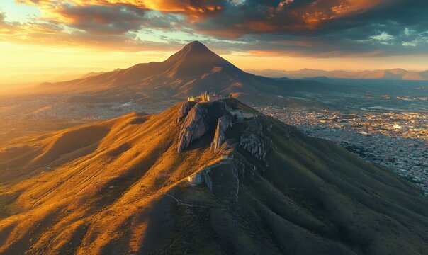 Stunning aerial view of Cerro de la Silla mountain at sunset with vibrant colors