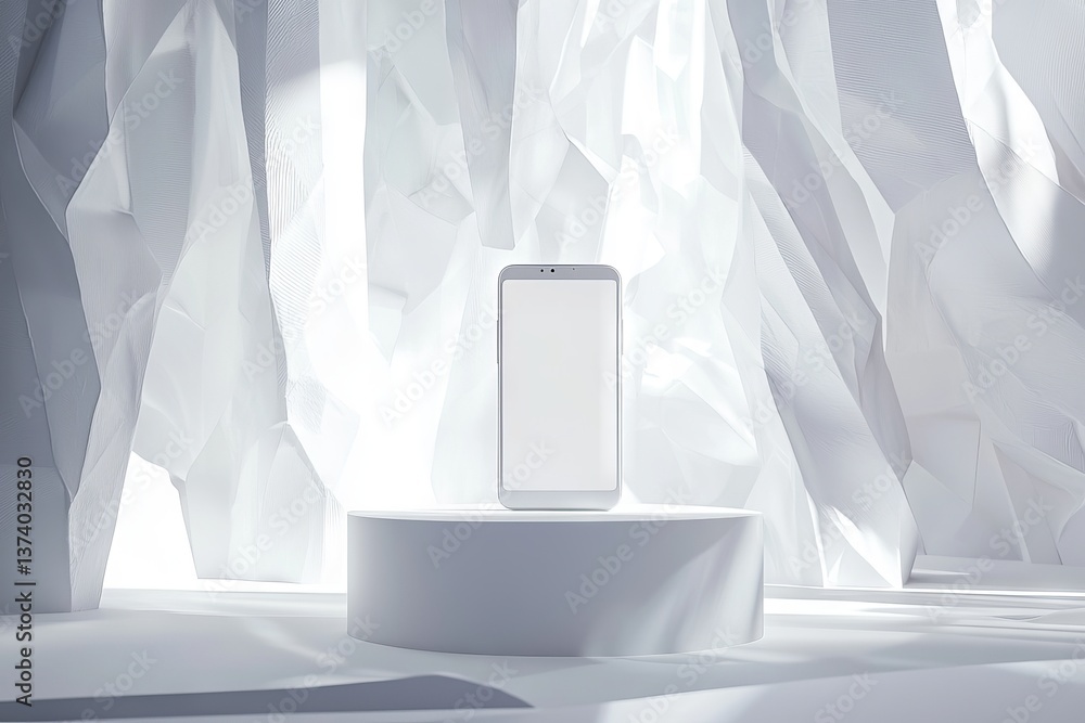 Fototapete A futuristic gallery with a concrete interior features an empty white frame on a podium, set against a blurred background, representing an exhibition concept through 3D rendering