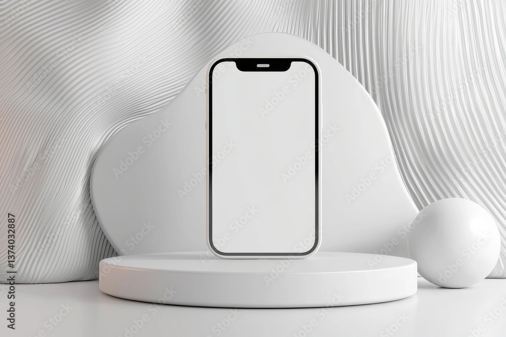 Poster in a futuristic concrete gallery, an empty white mock-up frame sits on a podium, contrasted against 