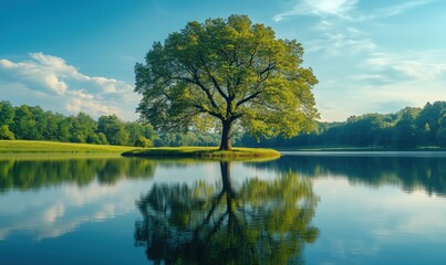 Fototapeta premium Majestic tree reflecting in calm lake surrounded by lush greenery and blue sky