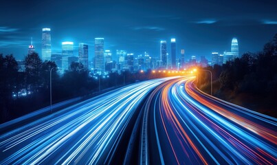 Houston skyline at night with light trails from busy highway traffic