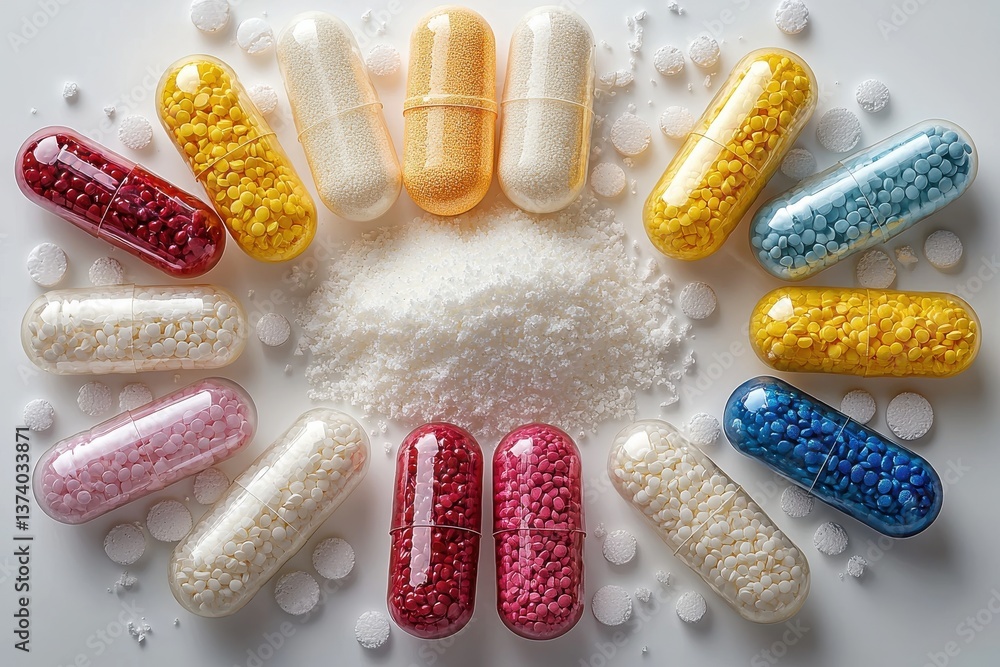 Poster diverse assortment of colorful capsules and pellets arranged in a circular pattern on a white backgr