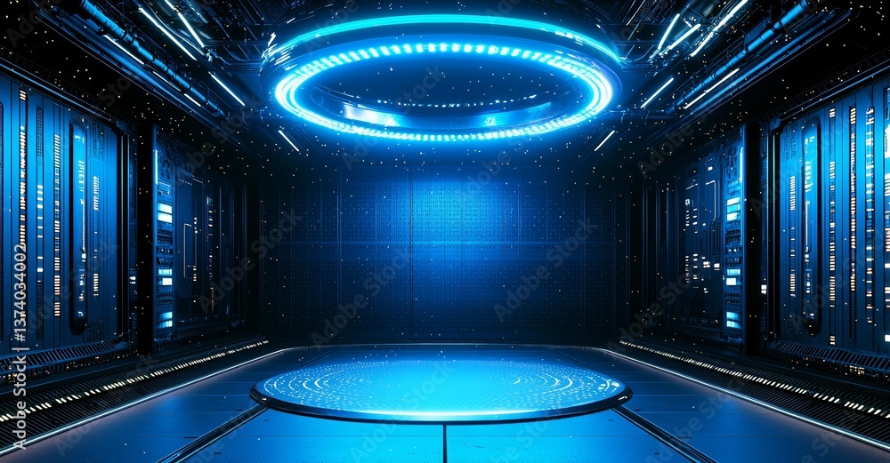 Aufkleber a futuristic space station corridor features a blue spaceship interior, complete with a podium on th