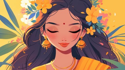 Beautiful Indian Woman with Flowers in Vibrant Yellow Background