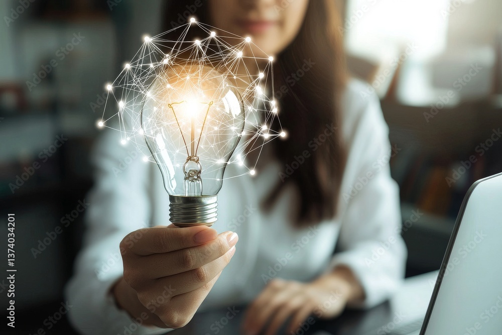 Poster the concept of innovation and inspiration in business administration is illustrated by a man's hand 