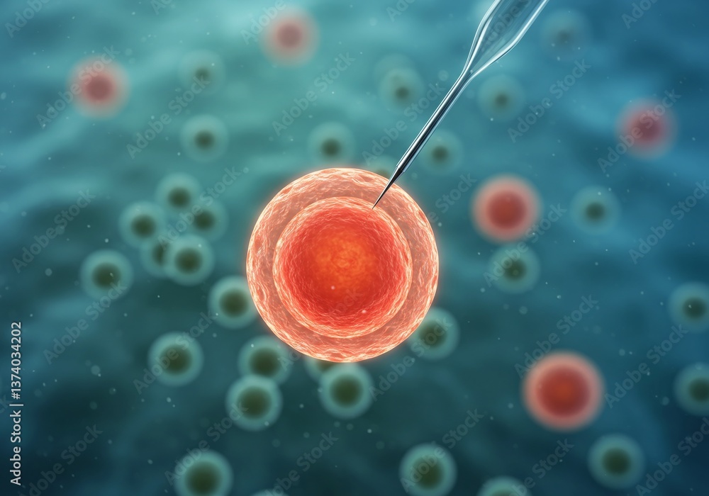 Poster scientific microscopic injection: a detailed microscopic image of an egg cell being injected with a 