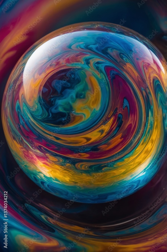 Poster colorful swirling patterns create an enchanting visual effect in a glass orb placed on a dark surfac