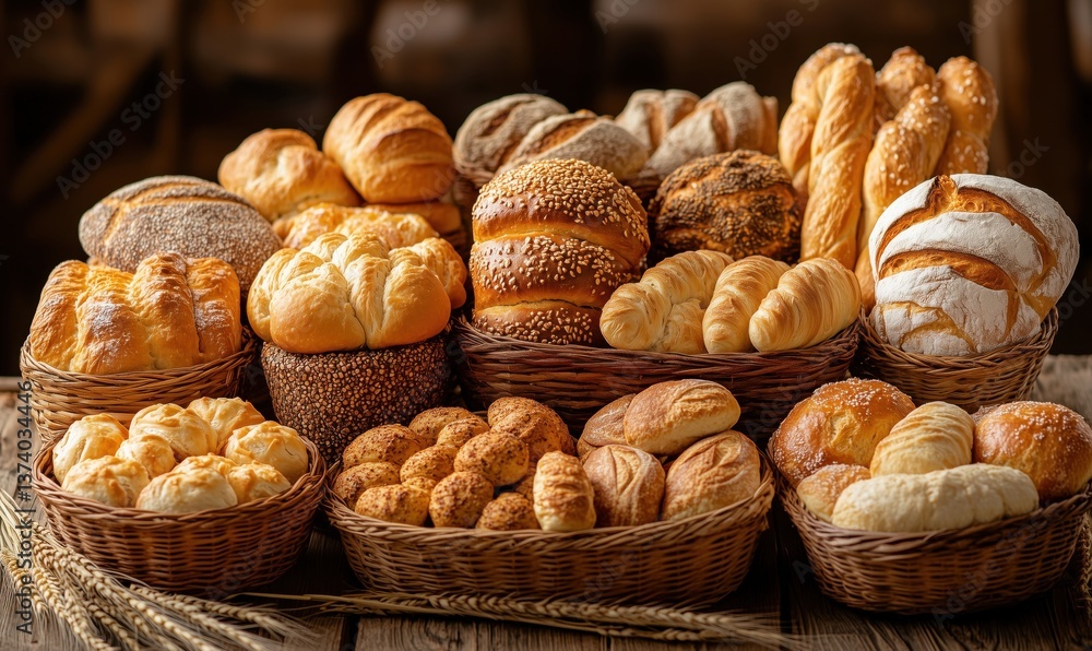 Poster assorted freshly baked breads in baskets with rustic background