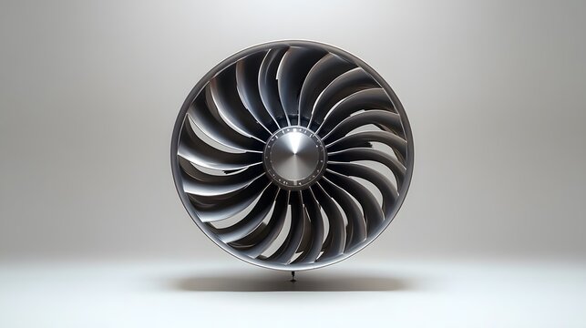 White aircraft jet engine turbine displays intricate fan blades in a symmetrical front view, captured in a clean minimalist setting with precise engineering details.