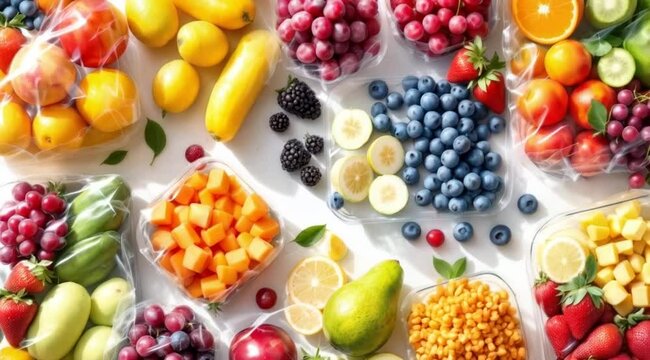 Assorted Fresh Fruits and Vegetables in Transparent Packaging