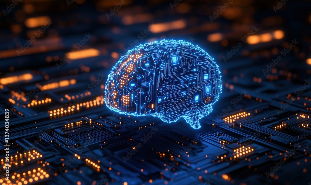 Poster digital brain with circuit patterns glowing on futuristic technology background
