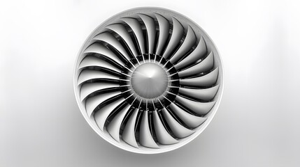 White aircraft jet engine turbine displays intricate fan blades in a symmetrical front view, captured in a clean minimalist setting with precise engineering details.