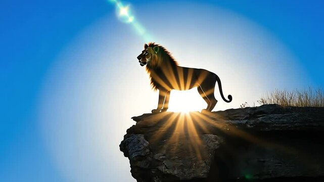 Majestic Lion: A powerful lion perched on a cliff against a vibrant blue sky, symbolizing strength and leadership, bathed in sunlight with striking visual effects.