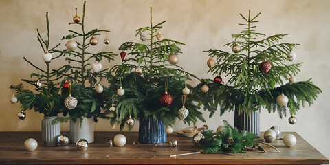 Rustic Christmas tree arrangements in muted tones