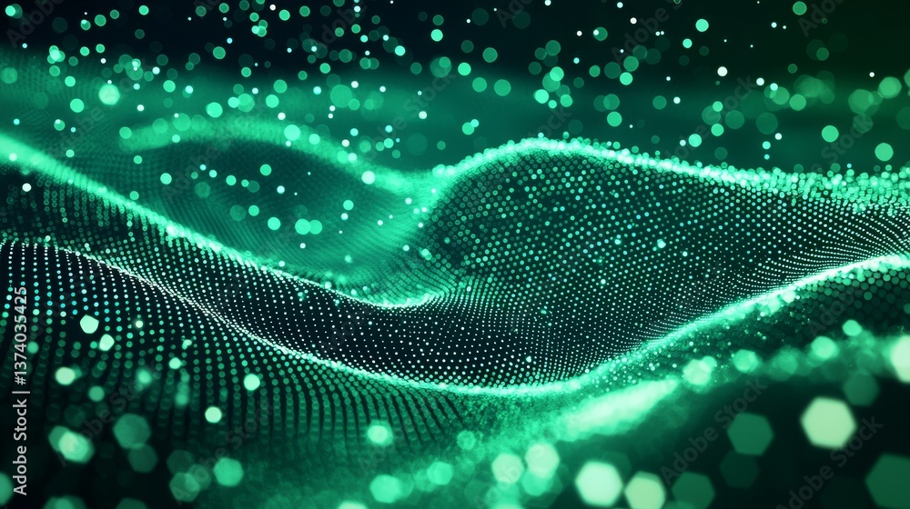 Poster a futuristic green background with abstract elements, representing a technological wave of flowing i