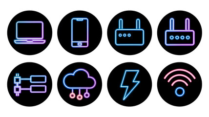 Neon-style icons representing various technology devices and concepts