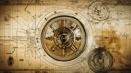 Naklejka premium Cover image showcasing precision with strong clock and direction elements on a golden scientific architectural background.