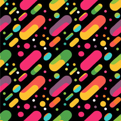 A vector vibrant and colorful abstract pattern featuring elongated shapes and circles in bright colors like pink, yellow, green, and blue against a black background.