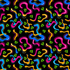 A vector vibrant and colorful abstract pattern featuring wavy lines in pink, blue, orange, and green against a black background. The design includes playful shapes and paw prints.