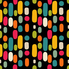 A vector vibrant abstract pattern featuring colorful elongated shapes in various hues, including teal, orange, pink, green, and cream, set against a black background.