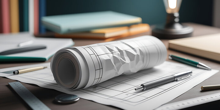 Architectural blueprints rolled plans and drafting tools on a desk