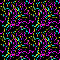 A vector vibrant abstract pattern featuring colorful, wavy lines in pink, yellow, turquoise, and blue on a black background. The design is playful and dynamic.