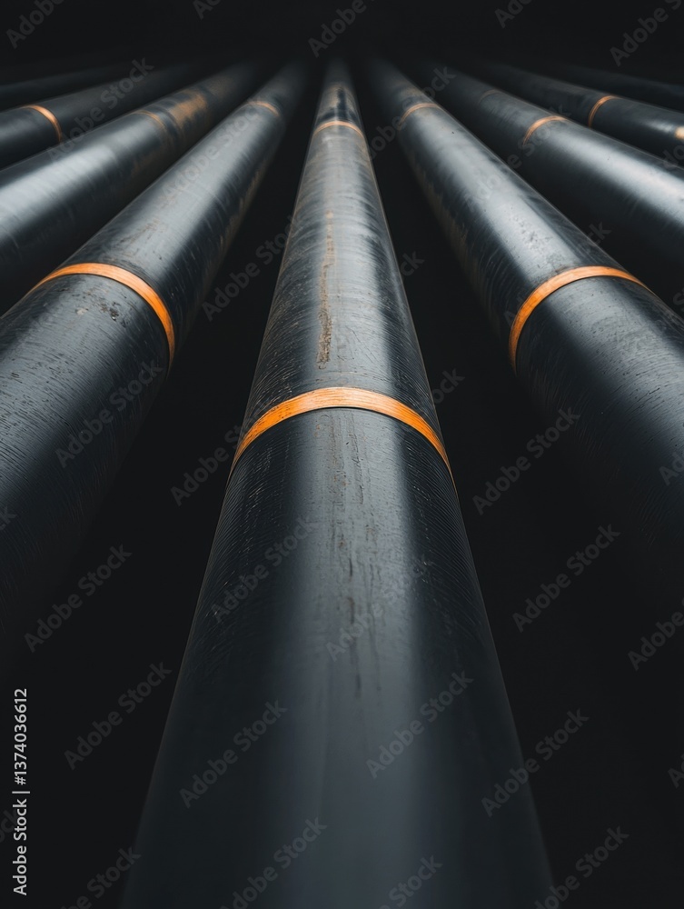 Poster group of black pipes or tubes arranged in a vertical line. the pipes are of different lengths and wi