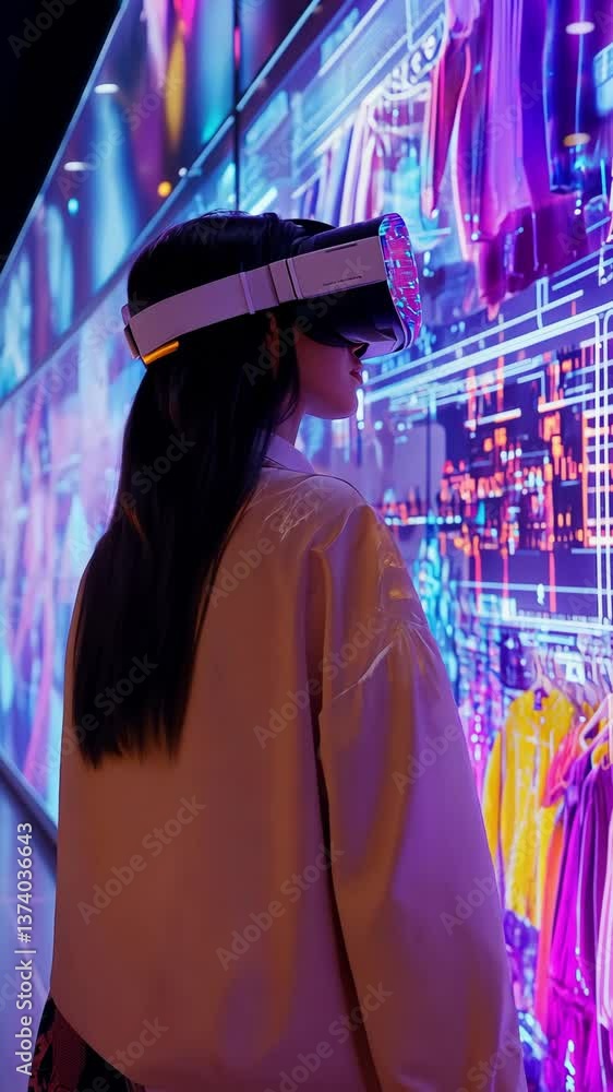 Poster a woman engages with an interactive display while wearing a virtual reality headset in a modern reta