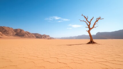 A solitary tree stands against the backdrop of a dry desert landscape, symbolizing resilience and survival in extreme conditions, highlighting nature's raw beauty and solitude.