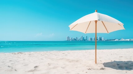 Fototapeta premium A stunning beach umbrella framed against a turquoise ocean, offering shade and relaxation on a pristine shore, capturing the essence of a perfect summer getaway.