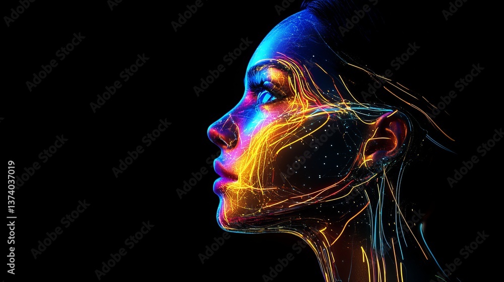 Poster a dynamic side profile of a futuristic human figure shows a bright, glowing neural network represent